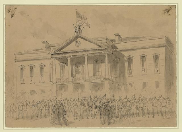Lt Col Kennedy of the 13th Iowa, 3rd Brigade, 4th Division, 17 A.C. raising the stars & stripes over the State House Columbia